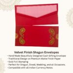 Vanya Creations Paper Ambi Printed Velvet Finish Shagun Envelopes Lifafa for Gifting Sagan Wedding Occasion Cash Money, 19 X 9 cm, Gold Foil Stamping, Red Color