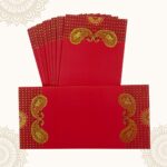 Vanya Creations Paper Ambi Printed Velvet Finish Shagun Envelopes Lifafa for Gifting Sagan Wedding Occasion Cash Money, 19 X 9 cm, Gold Foil Stamping, Red Color