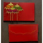 Vanya Creations Paper Umbrella Printed Velvet Finish Pocket Size Shagun Envelopes Tuck Flap Lifafa for Gifting Sagan Wedding Occasion Cash Money, 13 X 8 cm, Gold Foil Stamping, Red Color
