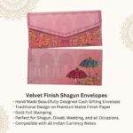 Vanya Creations Paper Umbrella Printed Velvet Finish Shagun Envelopes Lifafa for Gifting Sagan Wedding Occasion Cash Money, 19 X 9 cm, Gold Foil Stamping, Pink Color