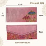 Vanya Creations Paper Umbrella Printed Velvet Finish Shagun Envelopes Lifafa for Gifting Sagan Wedding Occasion Cash Money, 19 X 9 cm, Gold Foil Stamping, Pink Color