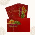 Vanya Creations Paper Umbrella Printed Velvet Finish Pocket Size Shagun Envelopes Tuck Flap Lifafa for Gifting Sagan Wedding Occasion Cash Money, 13 X 8 cm, Gold Foil Stamping, Red Color
