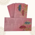Vanya Creations Paper Umbrella Printed Velvet Finish Shagun Envelopes Lifafa for Gifting Sagan Wedding Occasion Cash Money, 19 X 9 cm, Gold Foil Stamping, Pink Color