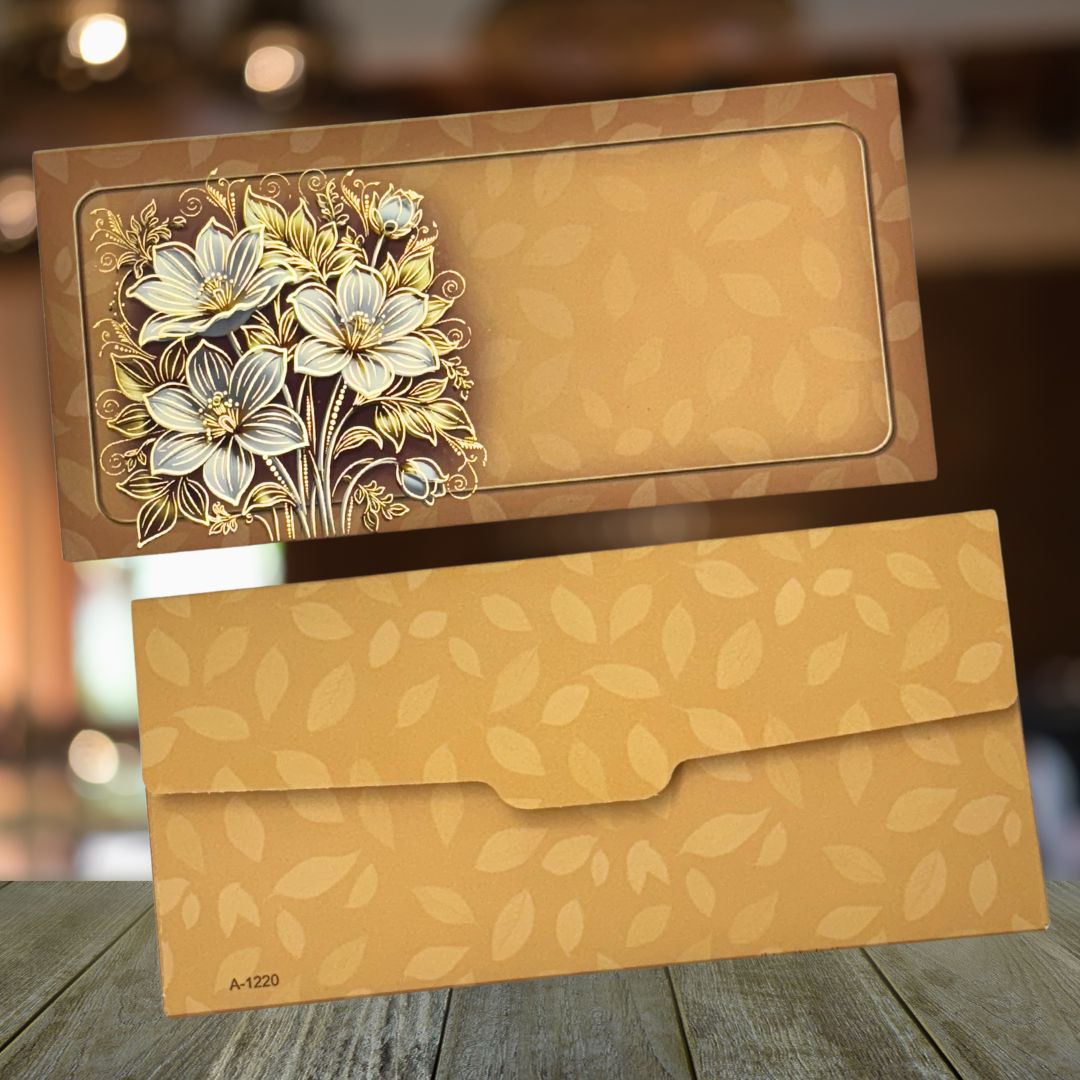 Floral Bouquet Print Design Shagun Envelopes for Gifting Cash Money Cover Velvet Finish Paper Tuck Flap Designer Fancy Sagan Lifafa Wedding, 19 X 9 cm, Copper Gold Color Floral Bouquet Print Design Shagun Envelopes for Gifting Cash Money Cover Velvet Finish Paper Tuck Flap Designer Fancy Sagan Lifafa Wedding, 19 X 9 cm, Copper Gold Color