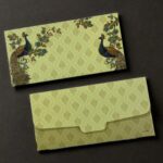 Floral Peacock Printed Velvet Finish Shagun Envelopes, Light Green