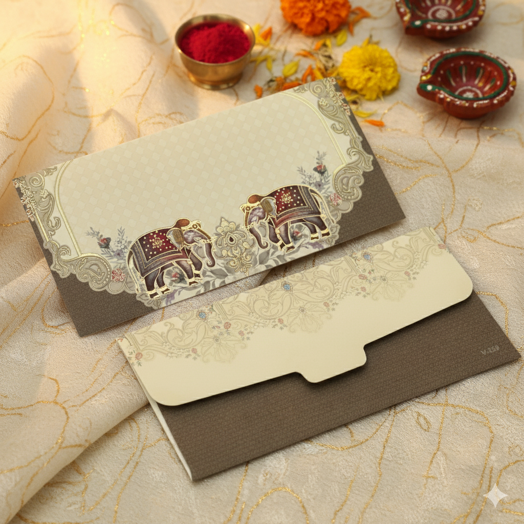 Dual Elephant Motif Print Design Shagun Envelopes for Gifting Cash Money Velvet Finish Paper Tuck Flap Designer Fancy Sagan Lifafa Wedding, 19 X 9 cm, Ivory & Mocha Color