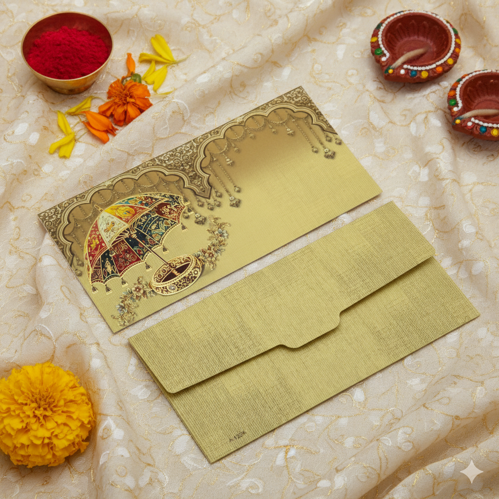 Umbrella Motif Print Design Shagun Envelopes for Gifting Cash Money Velvet Finish Paper Tuck Flap Designer Sagan Lifafa Wedding, 19 X 9 cm, Textured Champagne Gold Color Umbrella Motif Print Design Shagun Envelopes for Gifting Cash Money Velvet Finish Paper Tuck Flap Designer Sagan Lifafa Wedding, 19 X 9 cm, Textured Champagne Gold Color
