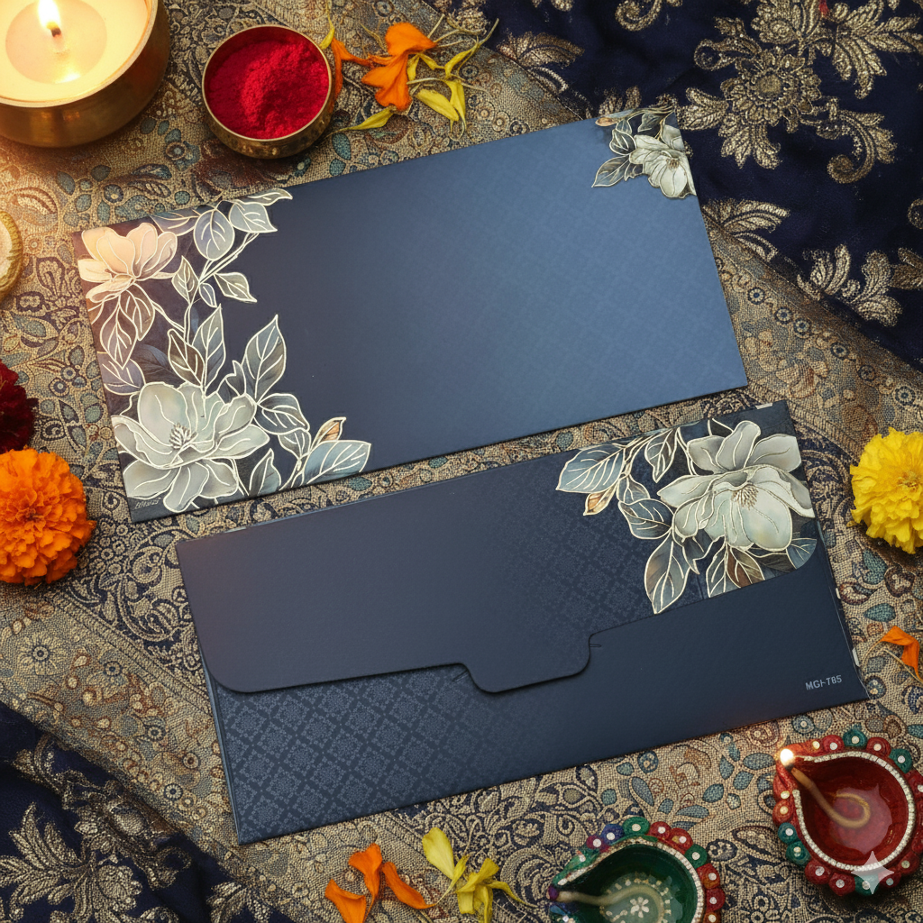 Jasmine Flower Print Design Shagun Envelopes for Gifting Cash Money Matte Paper Tuck Flap Designer Sagan Lifafa Wedding, 19 X 9 cm, Embossed Gold Foil MGI, Ink Blue Color Jasmine Flower Print Design Shagun Envelopes for Gifting Cash Money Matte Paper Tuck Flap Designer Sagan Lifafa Wedding, 19 X 9 cm, Embossed Gold Foil MGI, Ink Blue Color