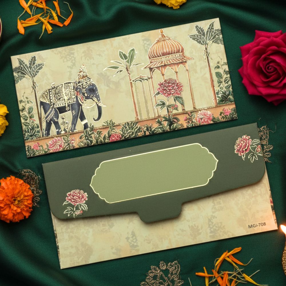 Miniature Art Design Printed Matte Finish Shagun Envelopes, Embossed Gold Foil MGI, Ivory Cream Color