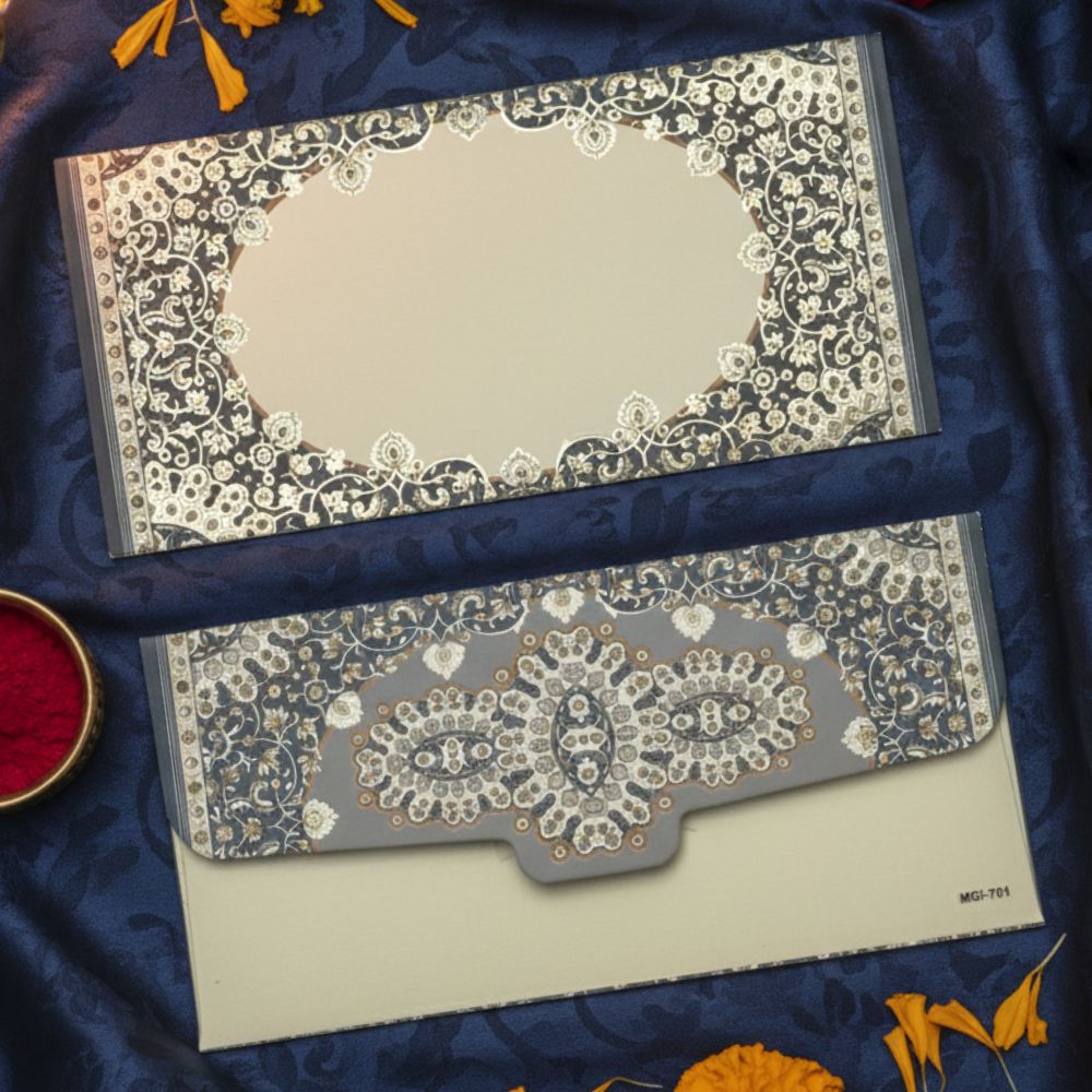 Paisley Motif Design Printed Matte Finish Shagun Envelopes, Embossed Gold Foil MGI, Charcoal Cream Color